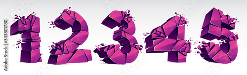 3D realistic pink numbers set 1 2 3 4 5 vector illustration, breaking to pieces digits over white symbols collection.