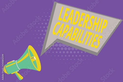 Text sign showing Leadership Capabilities. Business photo showcasing Set of Performance Expectations a Leader Competency Megaphone Loudspeaker and Blank Geometric shape Halftone Speech Bubble photo