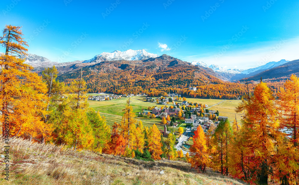 Fantastic autumn panorama over Sils im Engadin (Segl) village