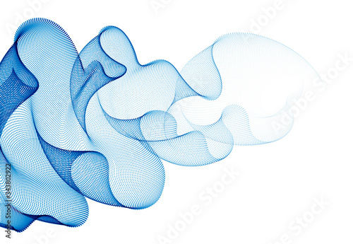 Flowing energy particles, wave of blended dots transparent tulle textile on wind. Curved dotted 3d lines vector effect illustration. 3d futuristic technology style.