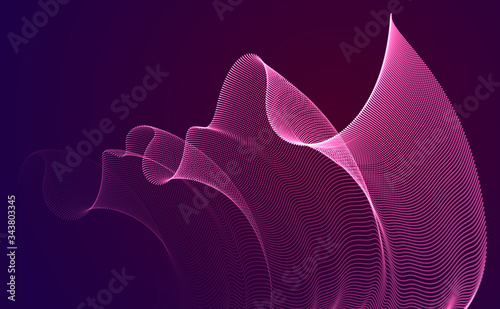 3d magic particles mesh array over dark, transparent tulle textile on wind flowing. Round points vector effect illustration. Blended mesh, 3d calming tranquil wallpaper.