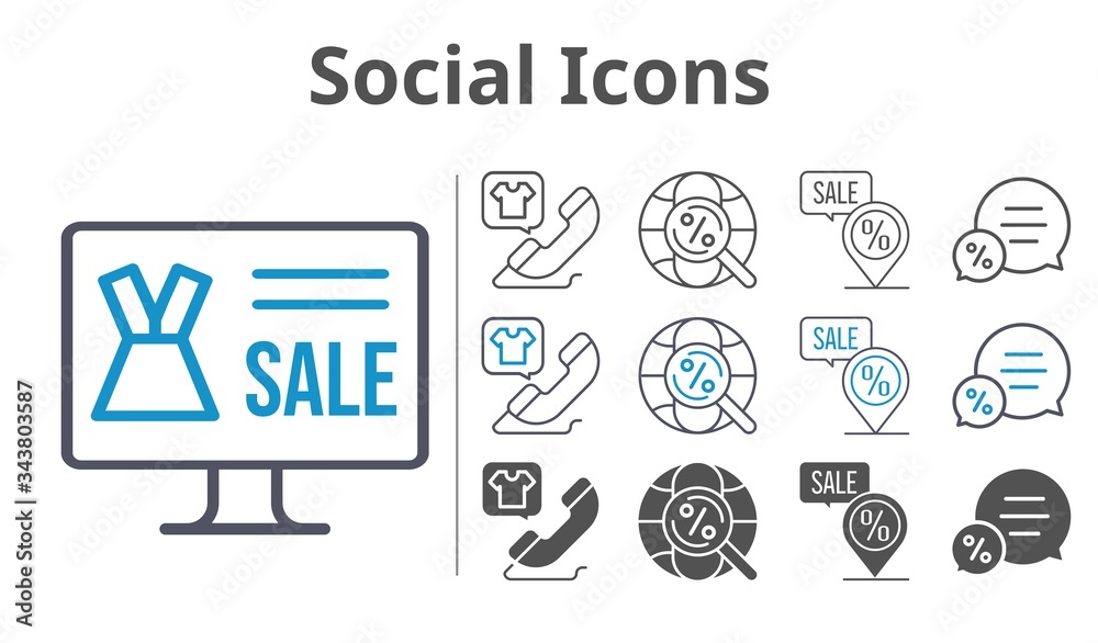 social icons icon set included online shop, chat, phone call, placeholder, internet icons