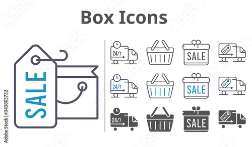 box icons icon set included gift, shopping bag, shopping-basket, delivery truck, shopping basket icons