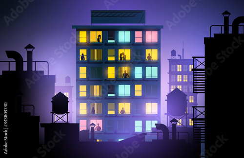 People looking out of windows in a city apartment block. Urban lifestyle at night. Vector illustration.