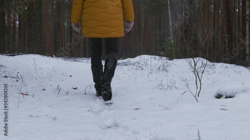 Feet of a woman walking in the snow in a pine forest in a snowfall. Rear view, slow motion. The tracking shot.