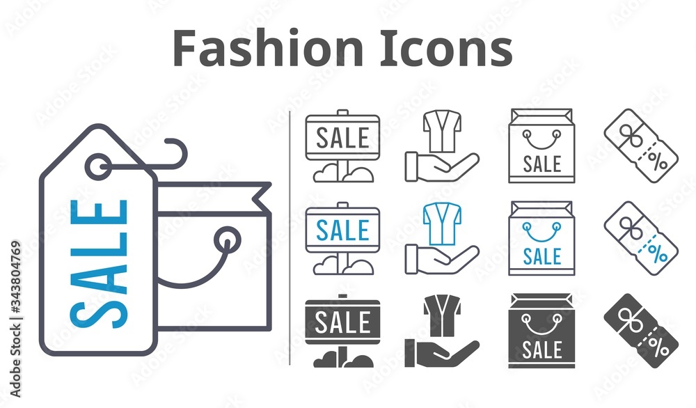 fashion icons icon set included shopping bag, sale, jacket, discount icons fashion icons icon set included shopping bag, sale, jacket, discount icons