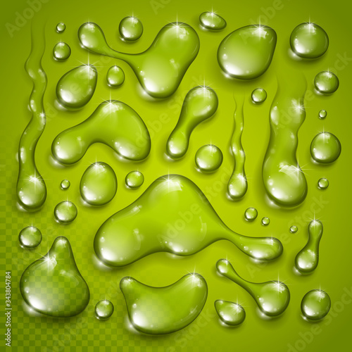 Water drops set vector realistic 3d elements collection, transparent dew condensation drops over transparency checker mesh, prepared to put over green background.
