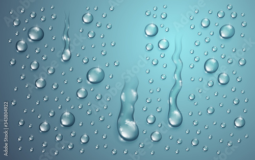 Water drops in shower or pool, condensate or rain droplets realistic transparent vector illustration, easy to put over any background or use droplets separately.