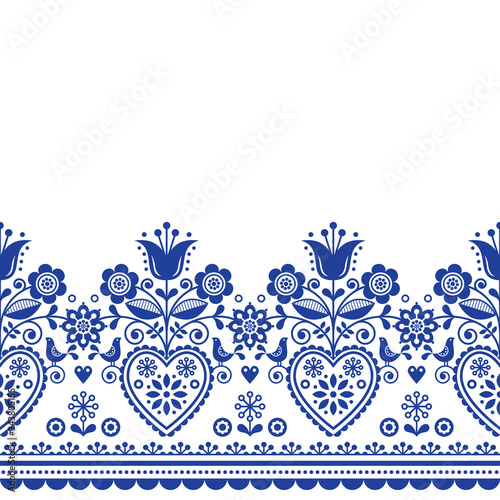 Scandinavian folk art greeting card vector pattern with birds and flowers, Nordic retro repetitive decoration with flowers
  