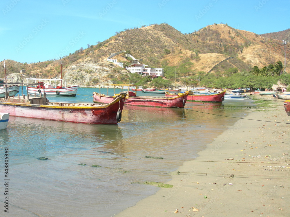 Fishing boats in the charming village Taganga by Santa Marta Colombia
