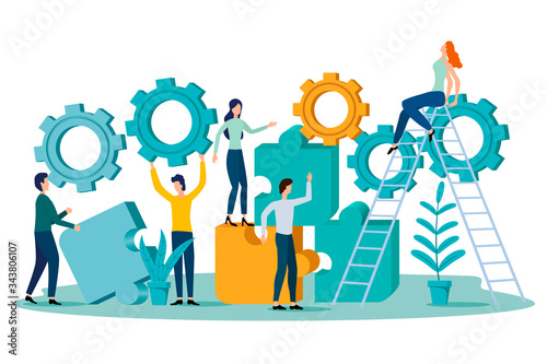 Teamwork.People put together puzzles and gears.Flat vector illustration.