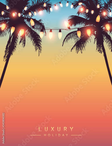 tropical summer paradise background with fairy light and palm leaves vector illustration EPS10