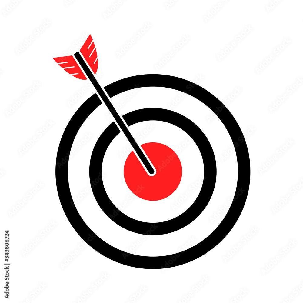 Target with arrow on white background. Isolated vector aim symbol. Marketing goal icon. Target with arrow on white background. Isolated vector aim symbol. Marketing goal icon.