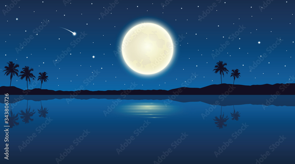 full moon on paradise palm beach holiday background vector illustration EPS10