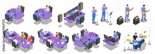 Radio Studio Isometric Icons Set