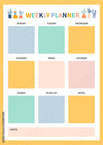 Weekly planner for diary, organiser, notebook. Printable A4 planner. Vector Illustration. .