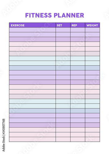 Gym, workout training , fitness planner for diary, organiser, notebook with hearts. Printable A4 planner. Vector Illustration.
