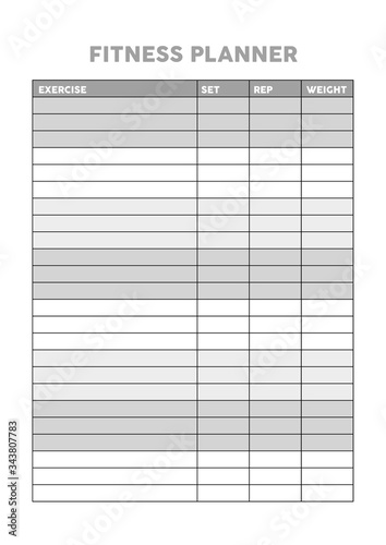 Gym, workout training , fitness planner for diary, organiser, notebook with hearts. Printable A4 planner. Vector Illustration.
