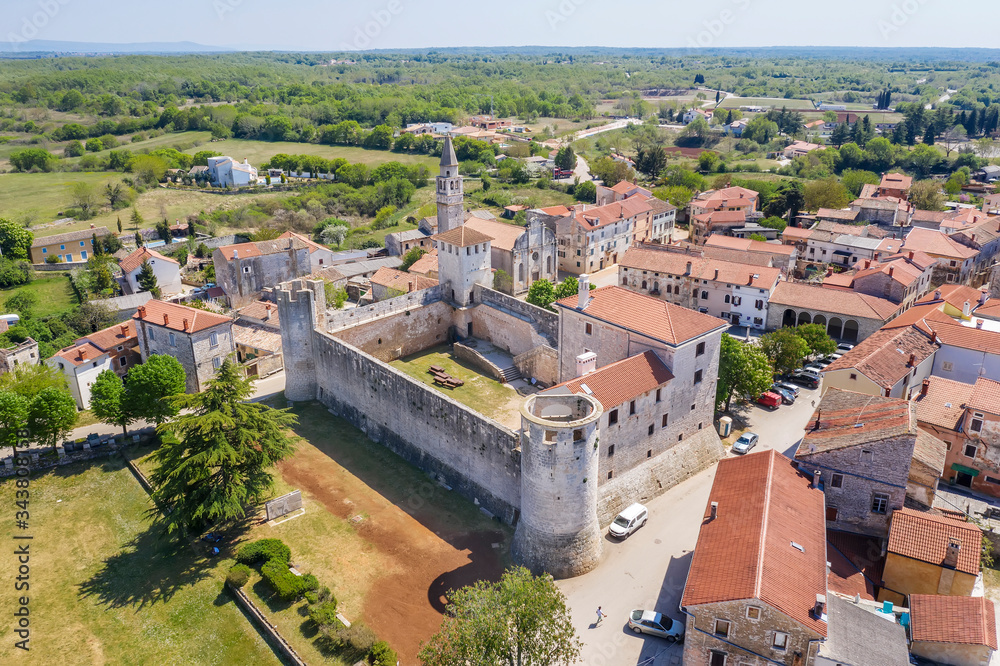 An aerial view of castle Morosini-Grimani in Svetvincenat, Istria, Croatia