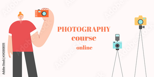 Young man with camera. Photography course online concept. Lesson online. Vector banner design.