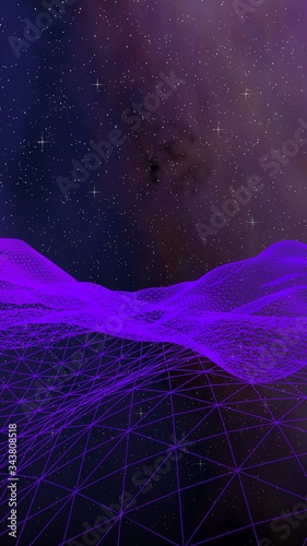 Abstract ultraviolet landscape on a dark background. Purple cyberspace grid. hi tech network. Outer space. Violet starry outer space texture. Vertical image orientation. 3D illustration