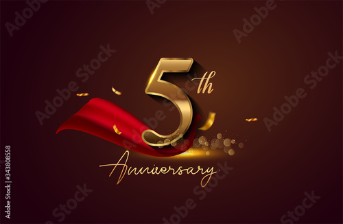 5th anniversary logo with red ribbon and golden confetti isolated on elegant background, sparkle, vector design for greeting card and invitation card.