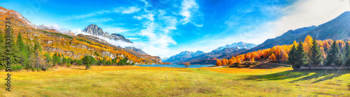 Charming autumn scene in Swiss Alps and views of Sils Lake (Silsersee). © pilat666