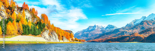 Stunning autumn scene in Swiss Alps and views of Sils Lake (Silsersee).
