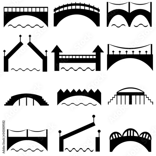 Fototapeta Naklejka Na Ścianę i Meble -  A set of black bridge silhouettes. Modern and retro architecture. Road across the river. Vector icons.