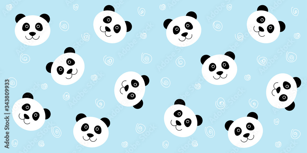 Cute panda seamless pattern. Vector blue background with kawaii white panda face. For children's wallpaper, fabric