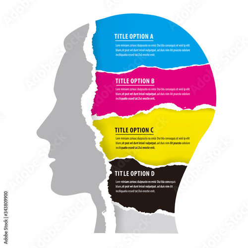 Infographic Template with Male  Head, cmyk colors. 
Paper man head silhouette,  torn paper with print colors. Concept for presenting color printing. Vector available.