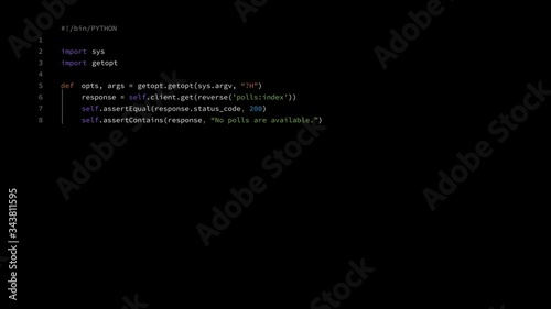 Python Programming Screen. 
60 seconds of random Python code. Ideal for playback on a computer screen to show code being run or built.