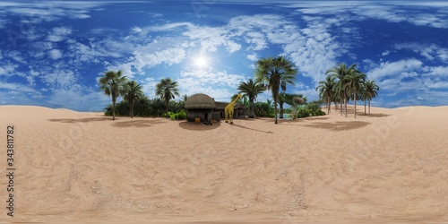 Palm trees near oasis in Africa 3d rendering