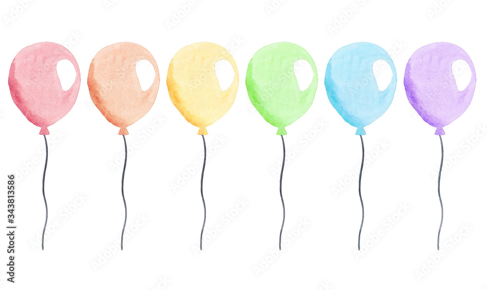 watercolor colorful balloons with strings set isolated on white background for party invitations and cards decorations