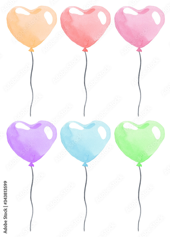 Watercolor colorful heart shape balloons with strings party set isolated on white background . Birthday card decoration