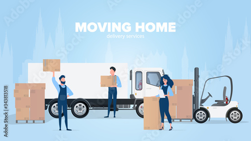 Moving home banner. Moving to a new place. White truck, Movers carry boxes, a girl checks the presence in the list. Carton boxes. The concept of transportation and delivery of goods. Vector.