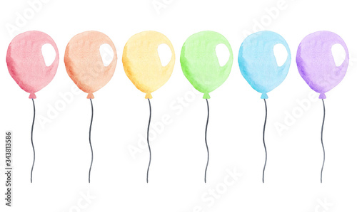 watercolor colorful balloons with strings set isolated on white background for party invitations and cards decorations