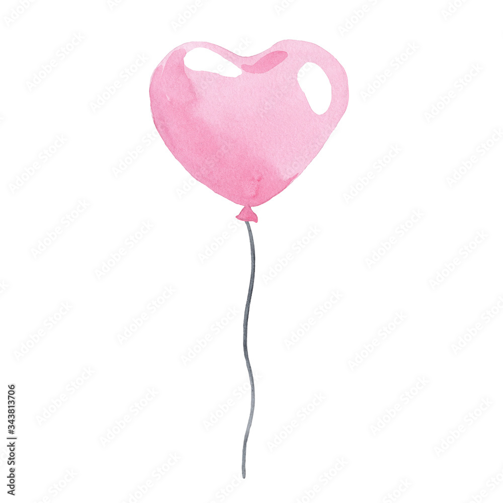 watercolor pink heart balloon with string isolated on white background