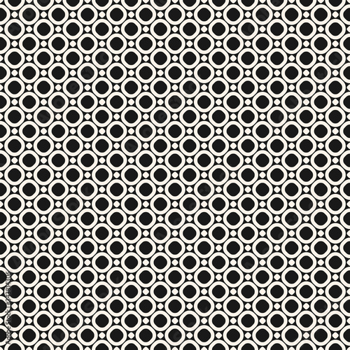 Circles vector seamless pattern. Abstract geometric texture with small dots, circular grid, mesh, lattice. Simple monochrome dotted background. Stylish repeat design for decor, prints, fabric, textile