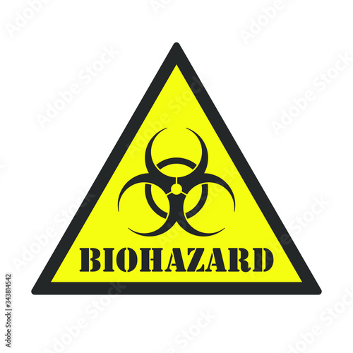 Biohazard yellow warning triangle icon. Medical waste caution symbol. Biological contamination danger label. Influenza virus epidemic sign. Vector illustration image. Isolated on white background.
