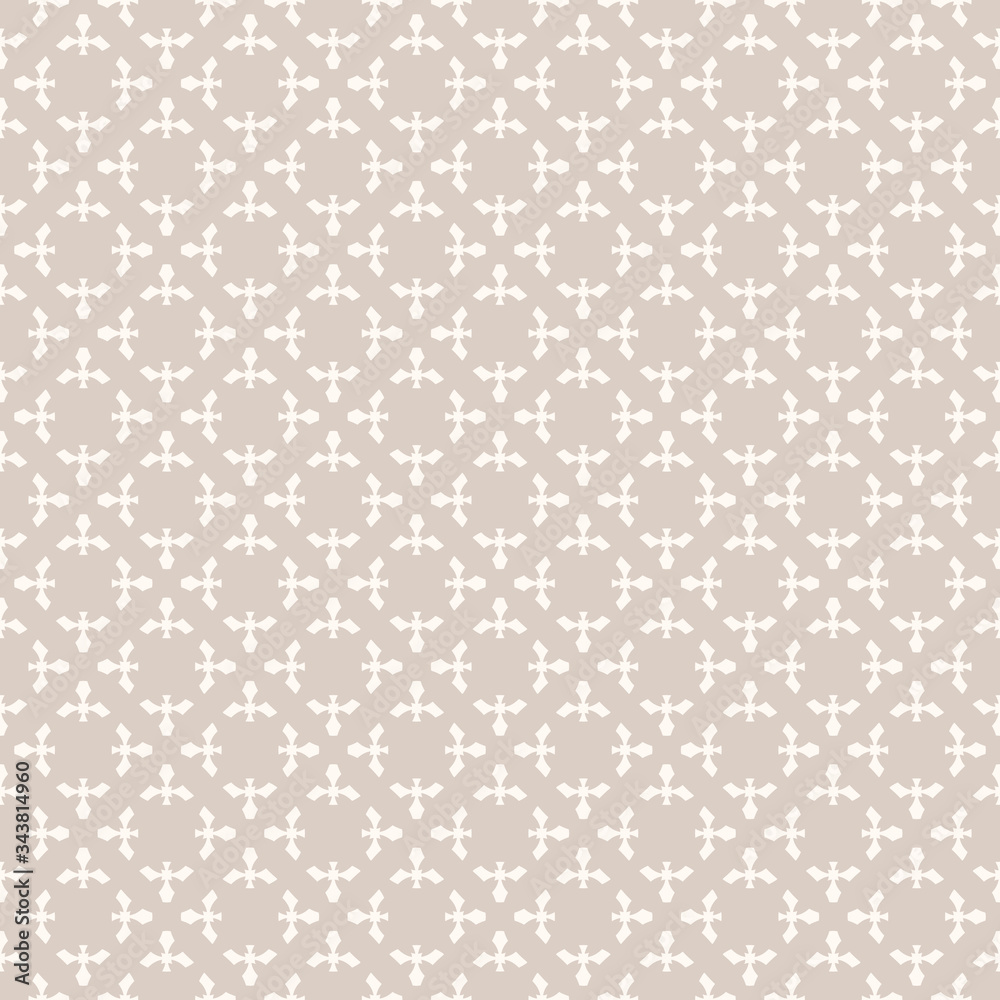 Vector abstract geometric floral pattern. Subtle seamless texture with small flower silhouettes, carved shapes, crosses. Elegant ornament in beige colors. Simple minimalist background. Repeat design