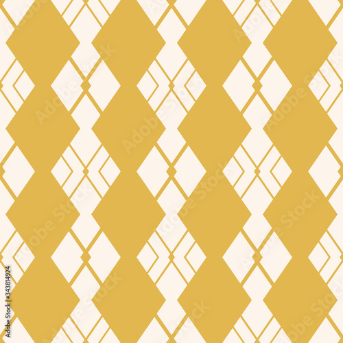 Argyle pattern. Vector abstract geometric seamless texture. Elegant ornament with rhombuses, diamond shapes, grid, mesh, net. Simple minimal background in mustard yellow and beige color. Repeat design