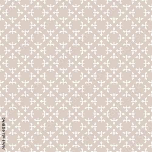 Vector abstract geometric floral pattern. Subtle seamless texture with small flower silhouettes, carved shapes, crosses. Elegant ornament in beige colors. Simple minimalist background. Repeat design