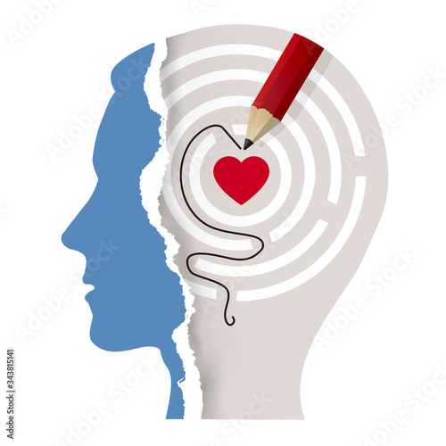 Love Your Self ,  male head, maze concept. 
Illustration of male stylized head silhouette with solved  maze, heart and pencil. Vector available.