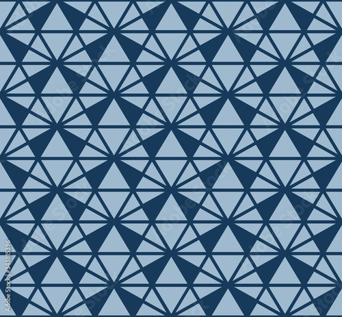 Vector triangles pattern. Abstract geometric seamless texture in navy and blue color. Simple ornament with grid, lattice, net, triangles. Stylish minimalist graphic background. Modern repeated design