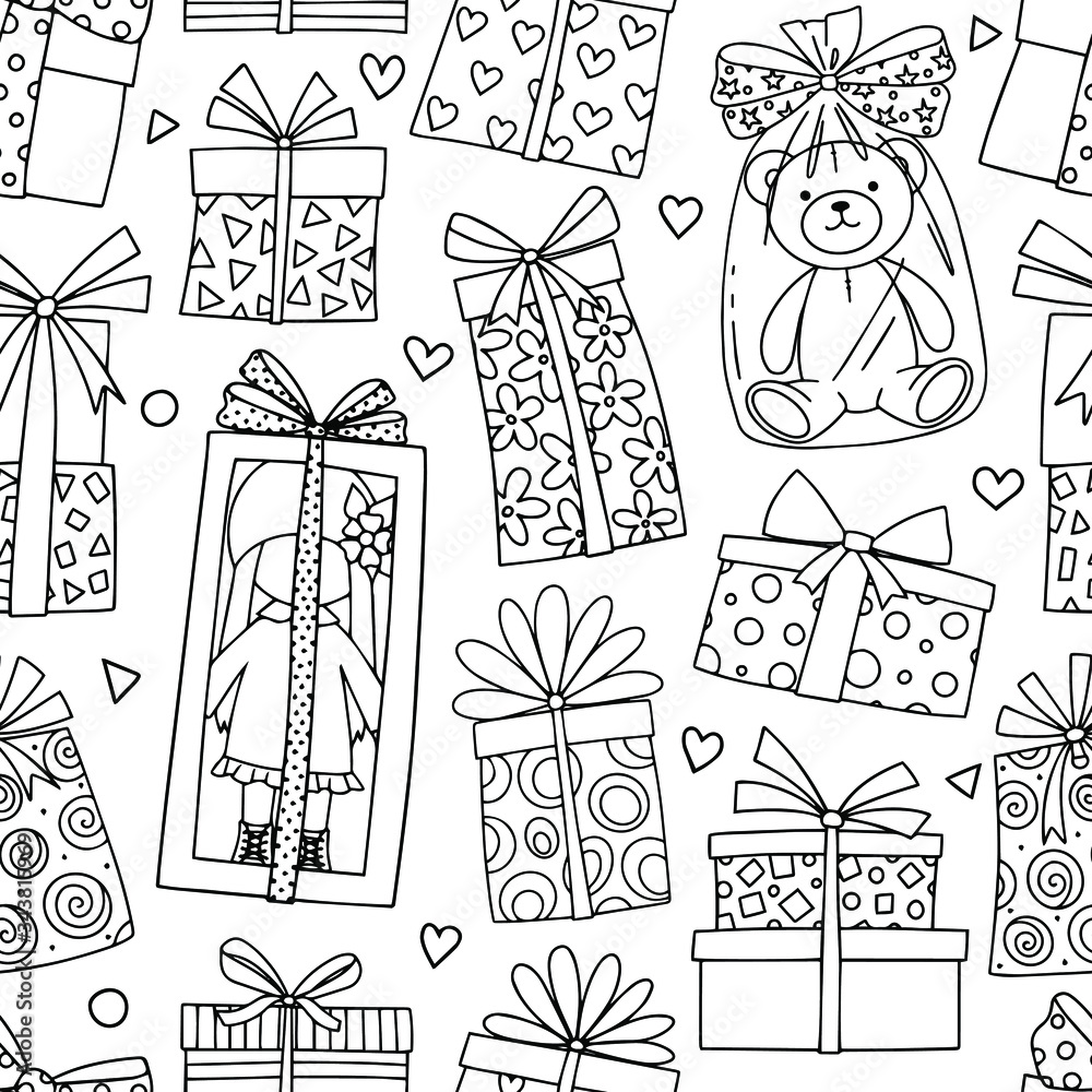 Seamless pattern with gift boxes, doll and Teddy bear. Vector linear illustration.