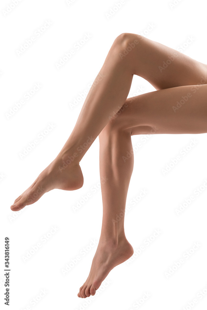 beautiful bare woman legs white background