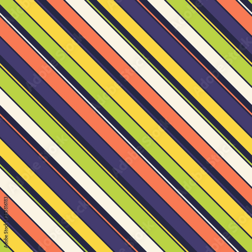 Diagonal stripes seamless pattern. Simple vector texture with thin and thick inclined lines. Modern abstract geometric striped background. Orange, yellow, green, dark blue, black, beige colored design