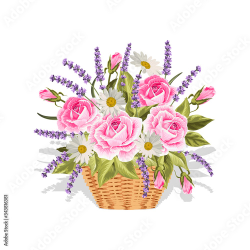 A basket full of flowers. Vector illustrtion on white background.