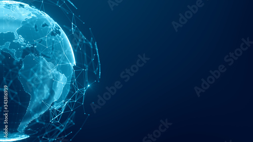 Communication technology global world network concept. Connection lines Around Earth Globe, Motion of digital data flow. Futuristic Technology Theme Background with Light Effect. #343816939